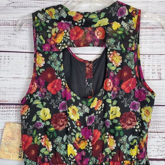Sleeveless Midi Dress Black w/Floral Print Sz L Tier Asymmetric Whimsy Fairy NWT - Picture 6 of 11